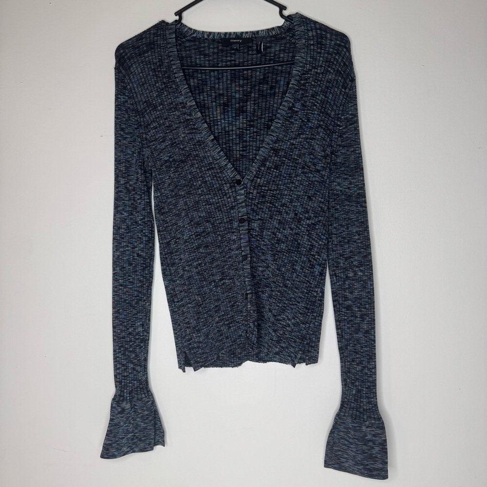 THEORY cabled print ribbed bell sleeve sweater sz SMALL